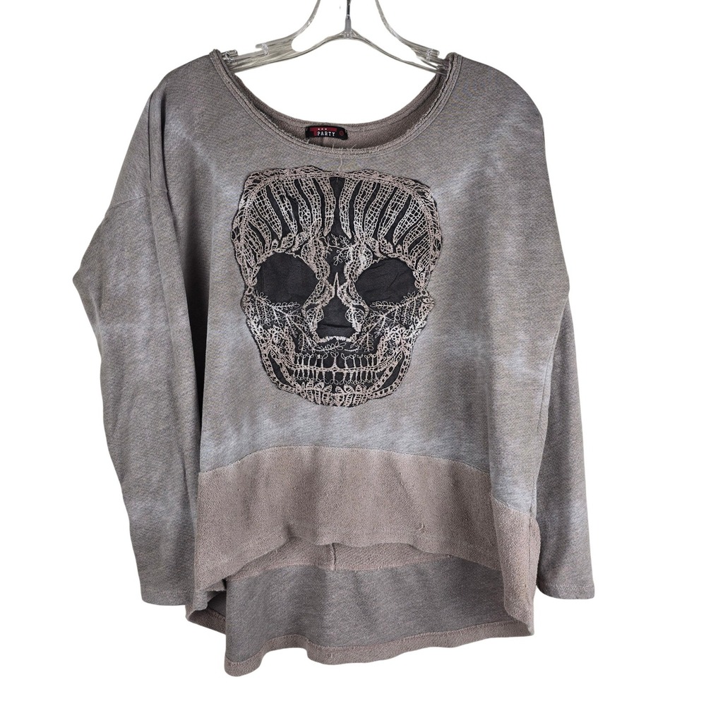 T Party Lace Skull Patch Sweatshirt Small Gray Acid Wash Raw Hem Boho Goth